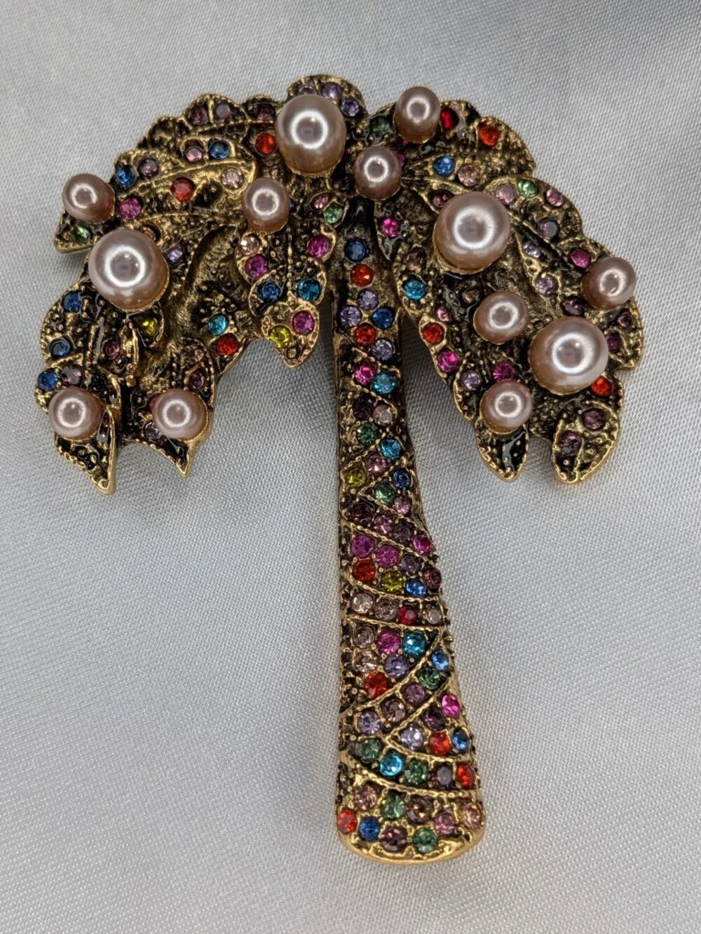 Multicolor Rhinestone Faux Pearl Palm Tree Brooch Pin Gold Tone Tropical
